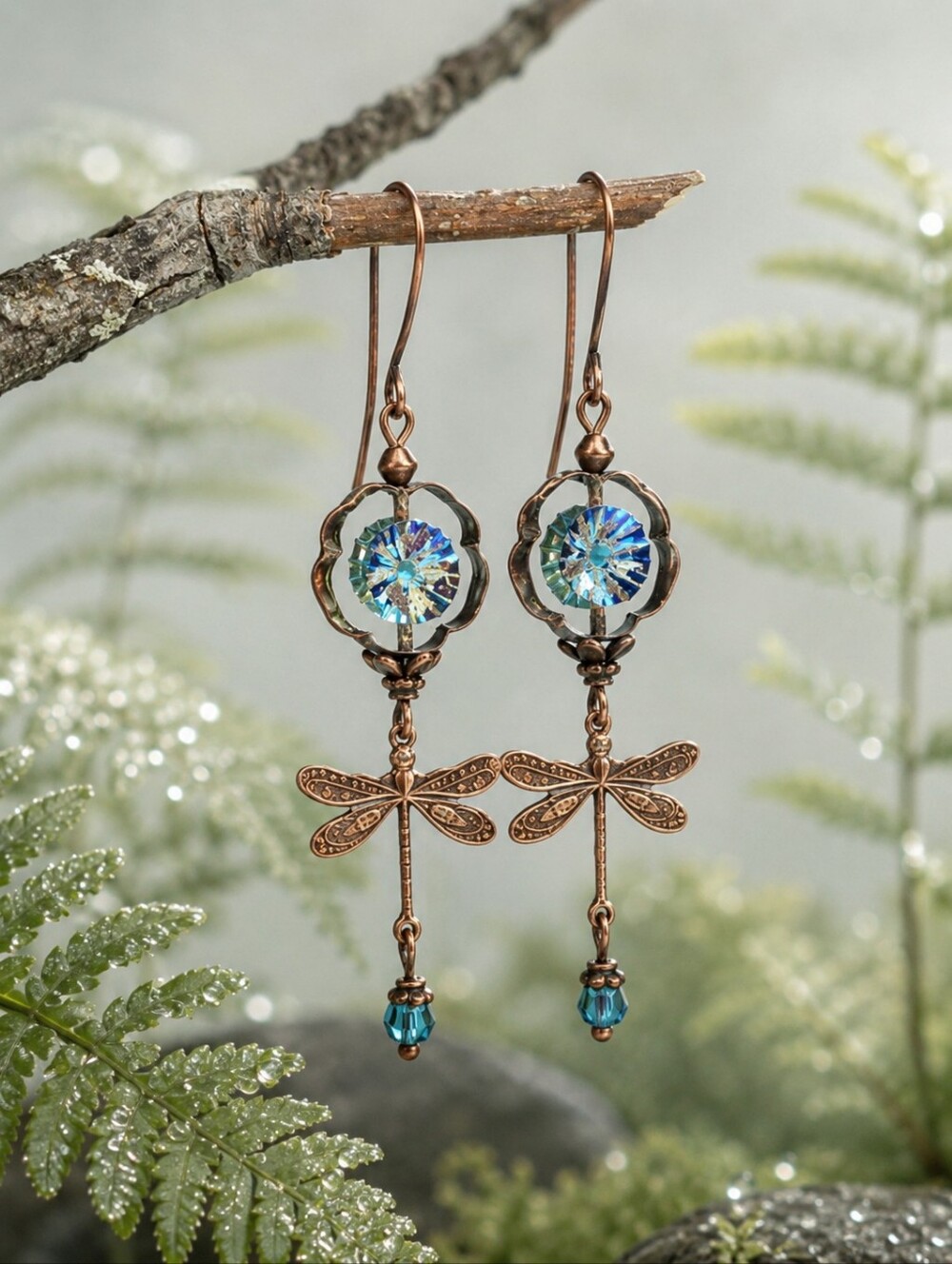 Copper Dragonfly Earrings Blue Czech Glass Fairycore Woodland Nature Handcrafted